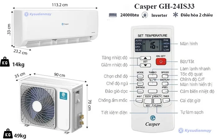 thông số kỹ thuật điều hòa casper 24000 2 chiều inverter gh-24is44
